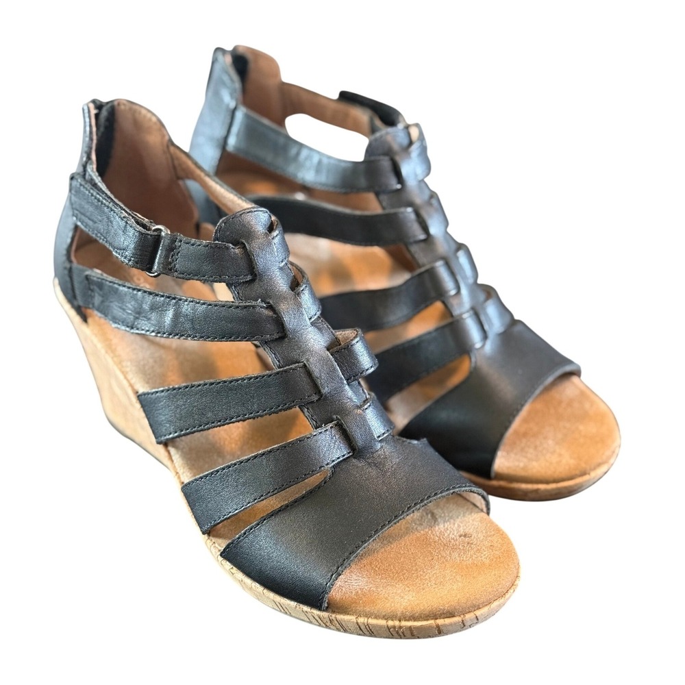 Rockport TruTech Black Leather Wedge Sandals Womens Strappy Cork Heel Zipper
